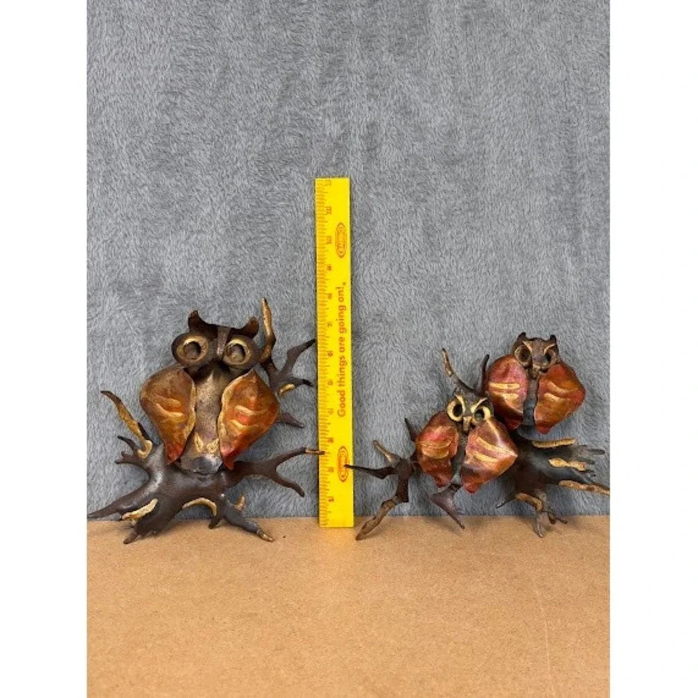 Vintage Brutalist Metal Owl Wall Art Set Copper Brass Mid Century Modern Decor